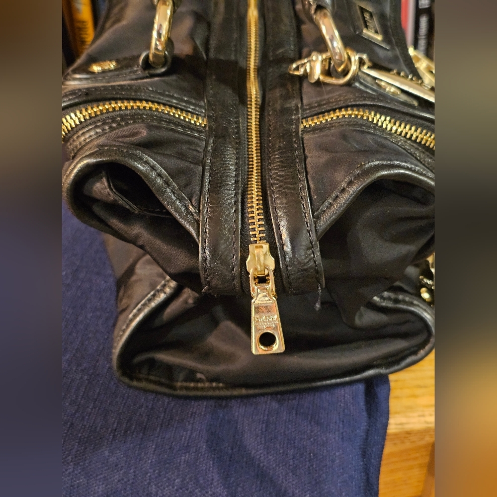 DKNY Black Nylon Leather Trim Satchel with Gold Accents - Picture 14 of 16